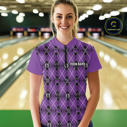 Custom Purple Halloween Bowling Argyle Pattern Bowling Team Women Quarter-Zip Shirt IPHW11932