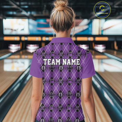 Custom Purple Halloween Bowling Argyle Pattern Bowling Team Women Quarter-Zip Shirt IPHW11932
