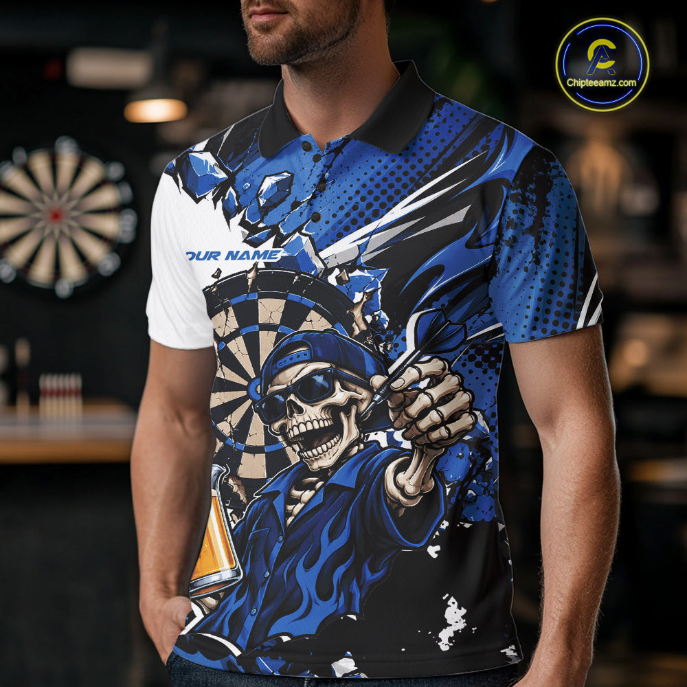 Blue Energy Custom Funny Skeleton Drink Beer Dart Men Polo Shirt, Dart Team Jersey IPHW12662