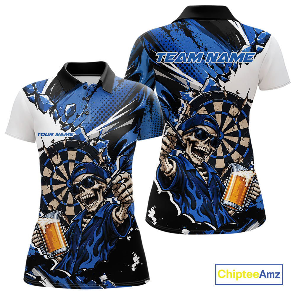 Blue Energy Custom Funny Skeleton Drink Beer Dart Women Polo Shirt, Dart Team Jersey IPHW12662