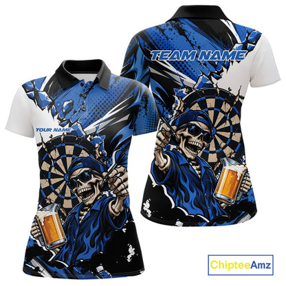 Blue Energy Custom Funny Skeleton Drink Beer Dart Women Polo Shirt, Dart Team Jersey IPHW12662
