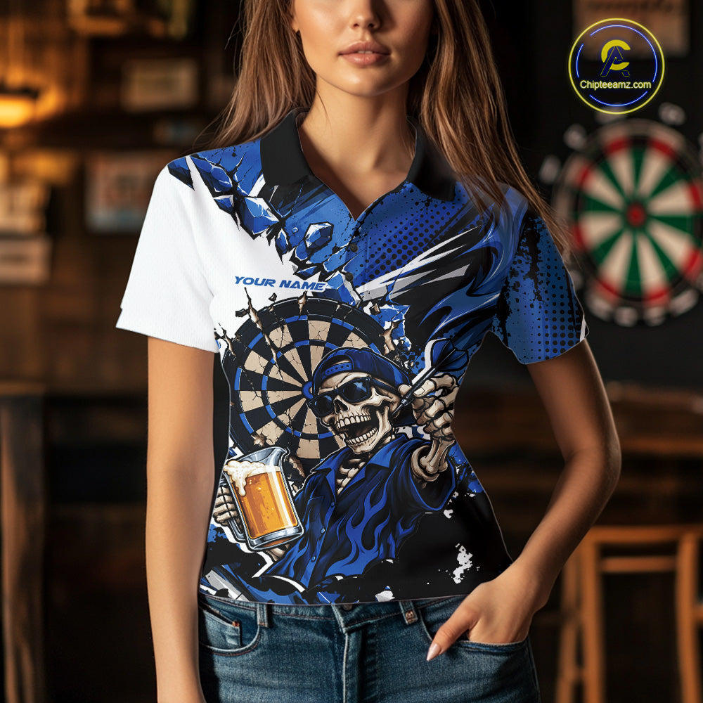 Blue Energy Custom Funny Skeleton Drink Beer Dart Women Polo Shirt, Dart Team Jersey IPHW12662
