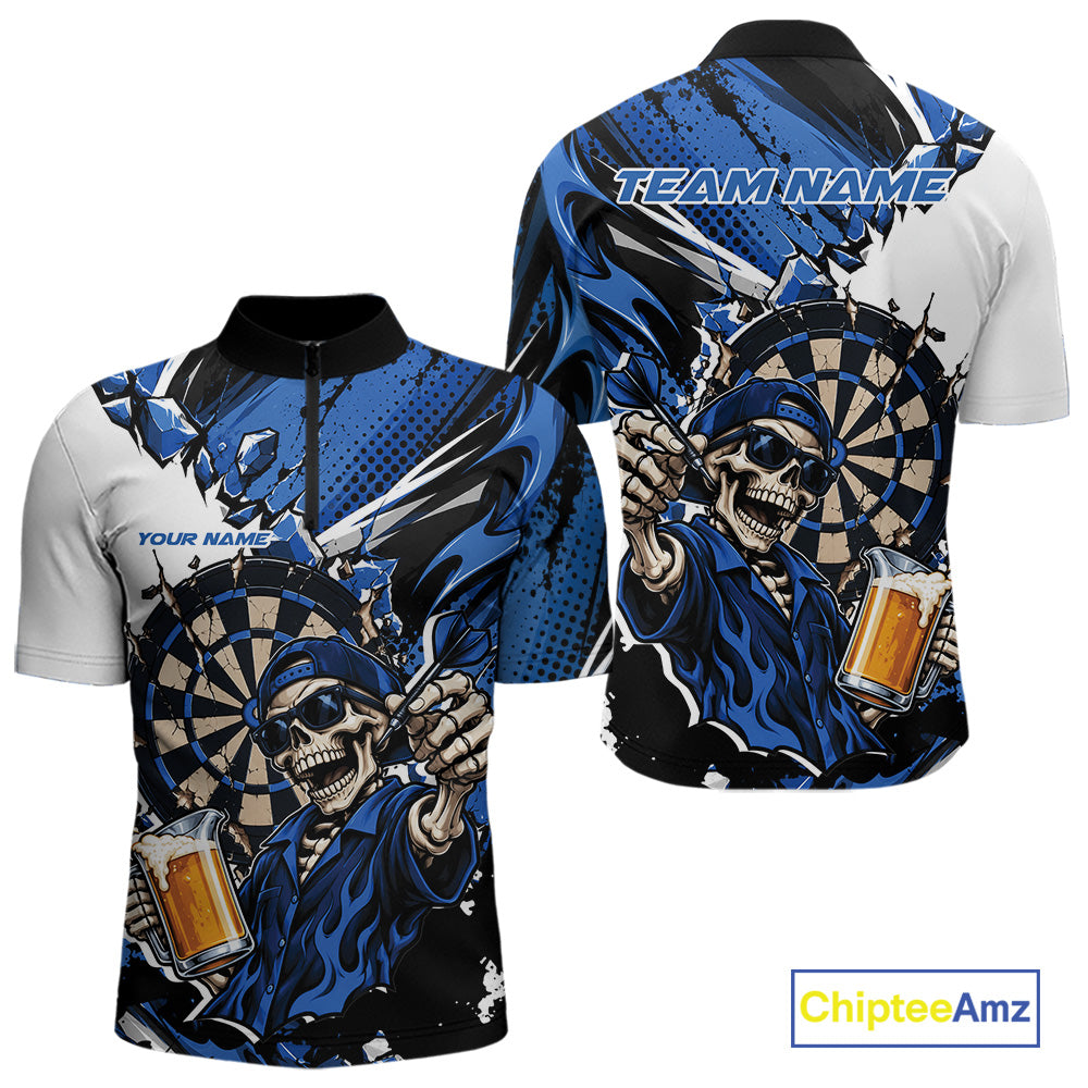 Blue Energy Custom Funny Skeleton Drink Beer Dart Men Quarter Zip Shirt, Dart Team Jersey IPHW12662