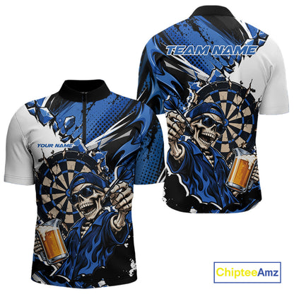 Blue Energy Custom Funny Skeleton Drink Beer Dart Men Quarter Zip Shirt, Dart Team Jersey IPHW12662