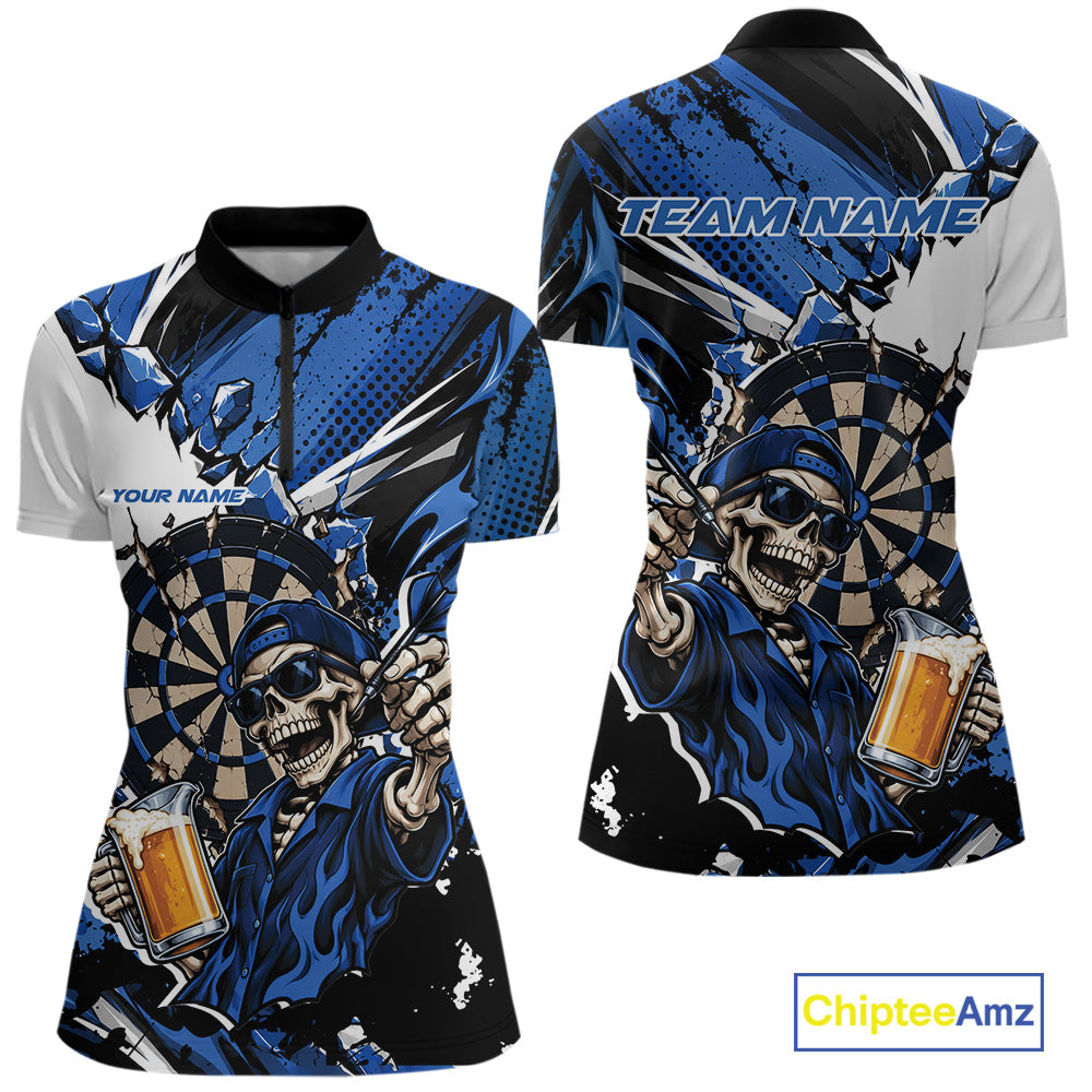 Blue Energy Custom Funny Skeleton Drink Beer Dart Women Quarter-Zip Shirt, Dart Jersey IPHW12662
