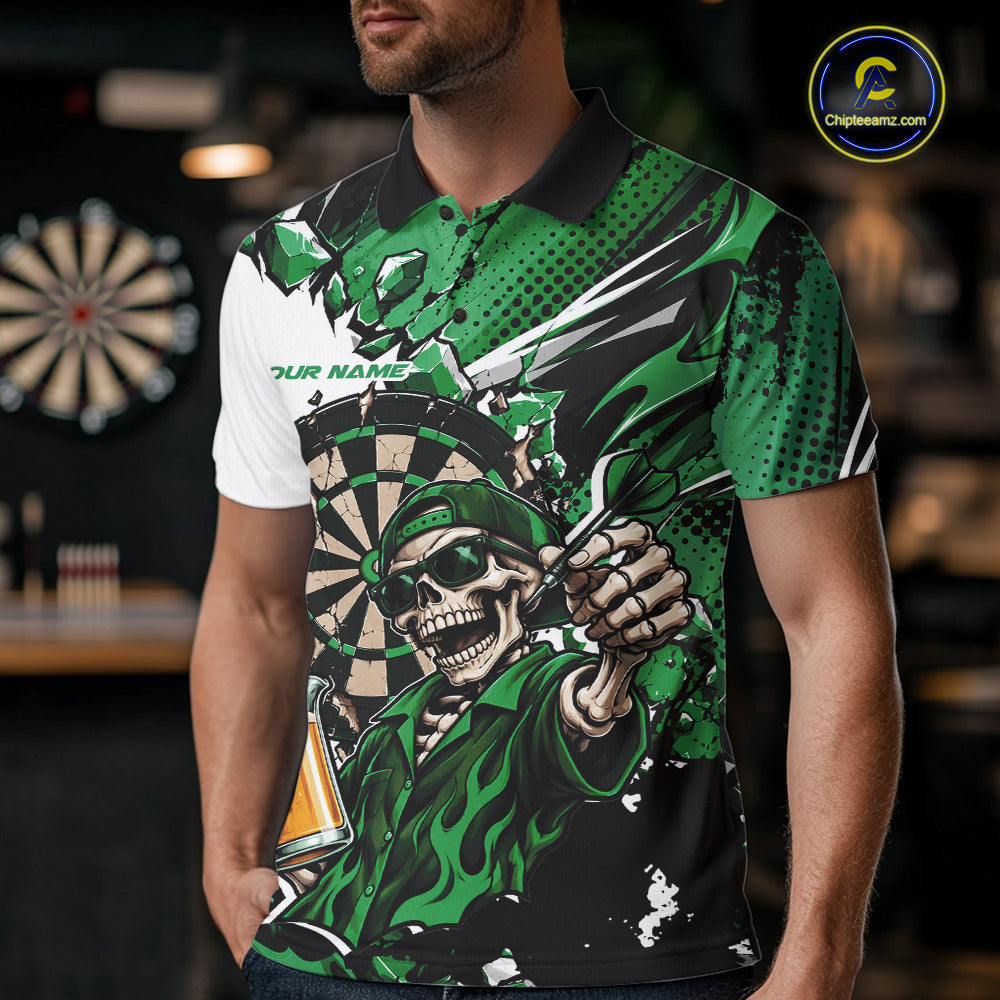 Green Energy Custom Funny Skeleton Drink Beer Dart Men Polo Shirt, Dart Team Jersey IPHW12663