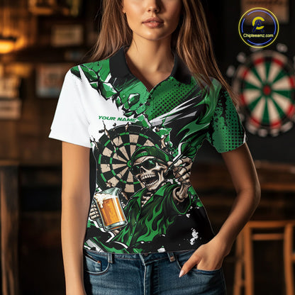 Green Energy Custom Funny Skeleton Drink Beer Dart Women Polo Shirt, Dart Team Jersey IPHW12663