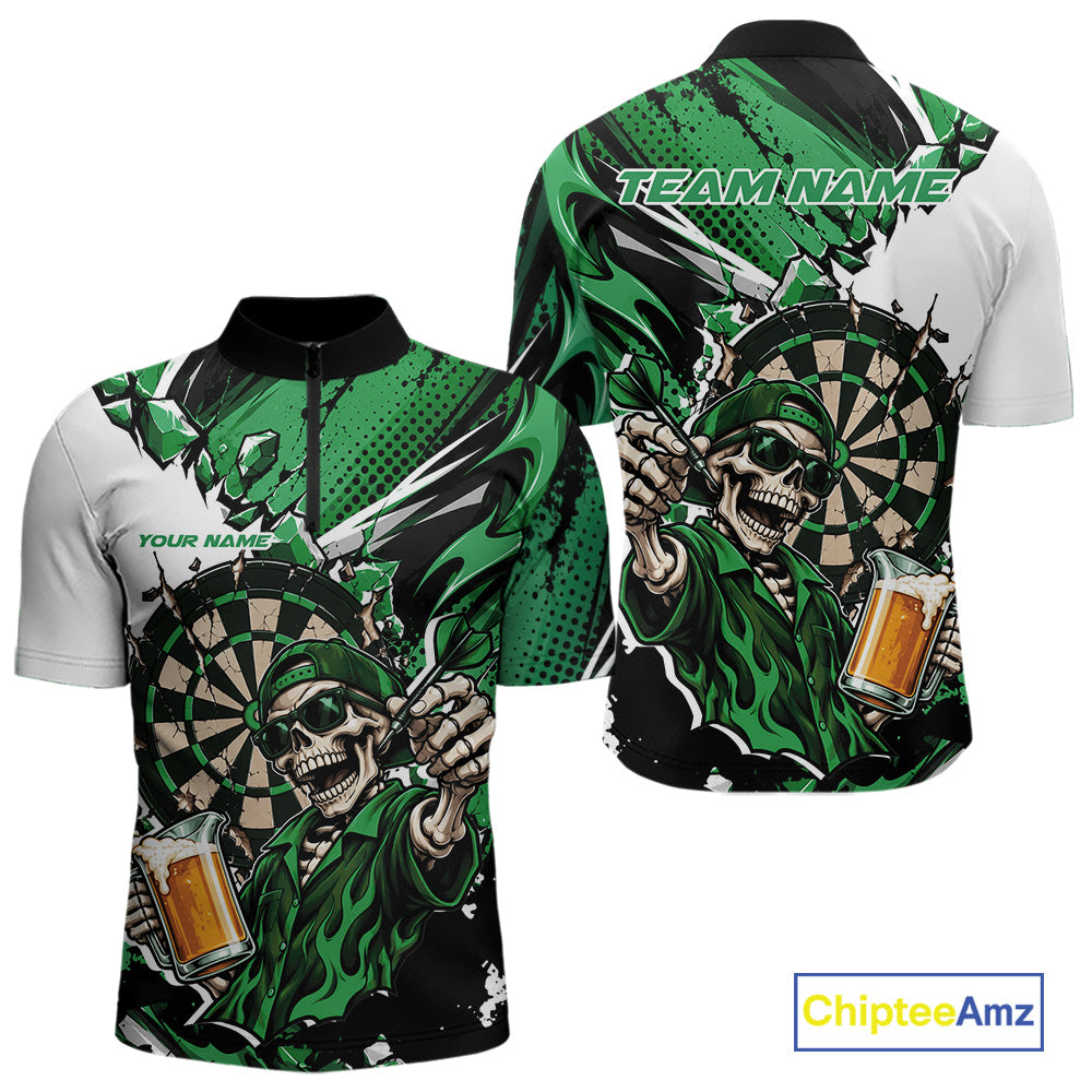 Green Energy Custom Funny Skeleton Drink Beer Dart Men Quarter Zip Shirt, Dart Team Jersey IPHW12663
