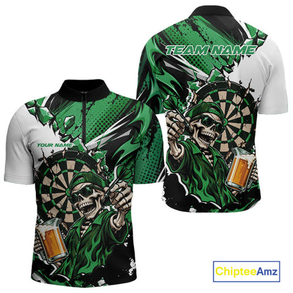 Green Energy Custom Funny Skeleton Drink Beer Dart Men Quarter Zip Shirt, Dart Team Jersey IPHW12663
