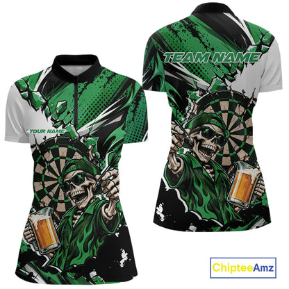 Green Energy Custom Funny Skeleton Drink Beer Dart Women Quarter-Zip Shirt, Dart Jersey IPHW12663