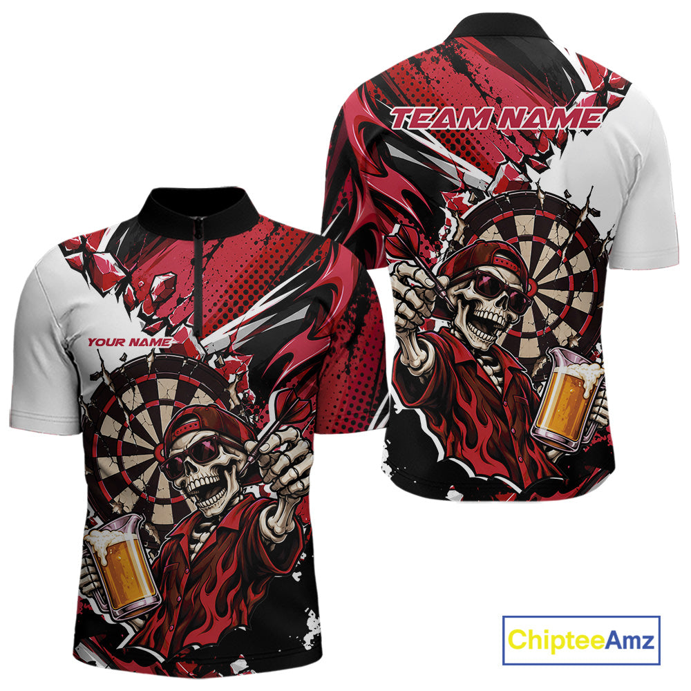 Red Energy Custom Funny Skeleton Drink Beer Dart Men Quarter Zip Shirt, Dart Team Jersey IPHW12664
