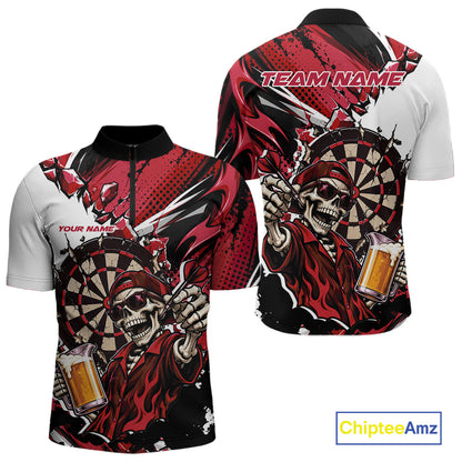Red Energy Custom Funny Skeleton Drink Beer Dart Men Quarter Zip Shirt, Dart Team Jersey IPHW12664