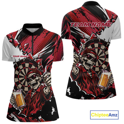 Red Energy Custom Funny Skeleton Drink Beer Dart Women Quarter-Zip Shirt, Dart Jersey IPHW12664