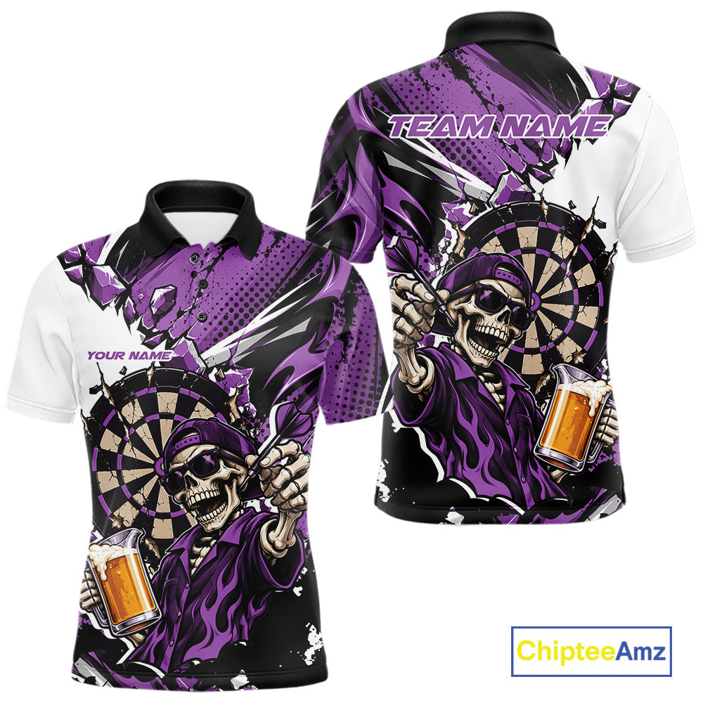 Purple Energy Custom Funny Skeleton Drink Beer Dart Men Polo Shirt, Dart Team Jersey IPHW12666