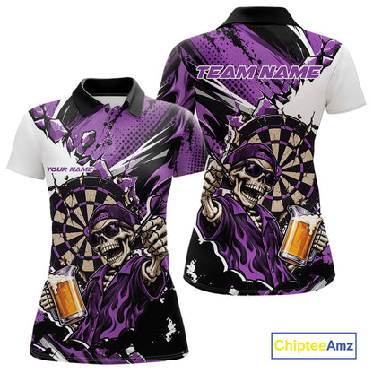 Purple Energy Custom Funny Skeleton Drink Beer Dart Women Polo Shirt, Dart Team Jersey IPHW12666