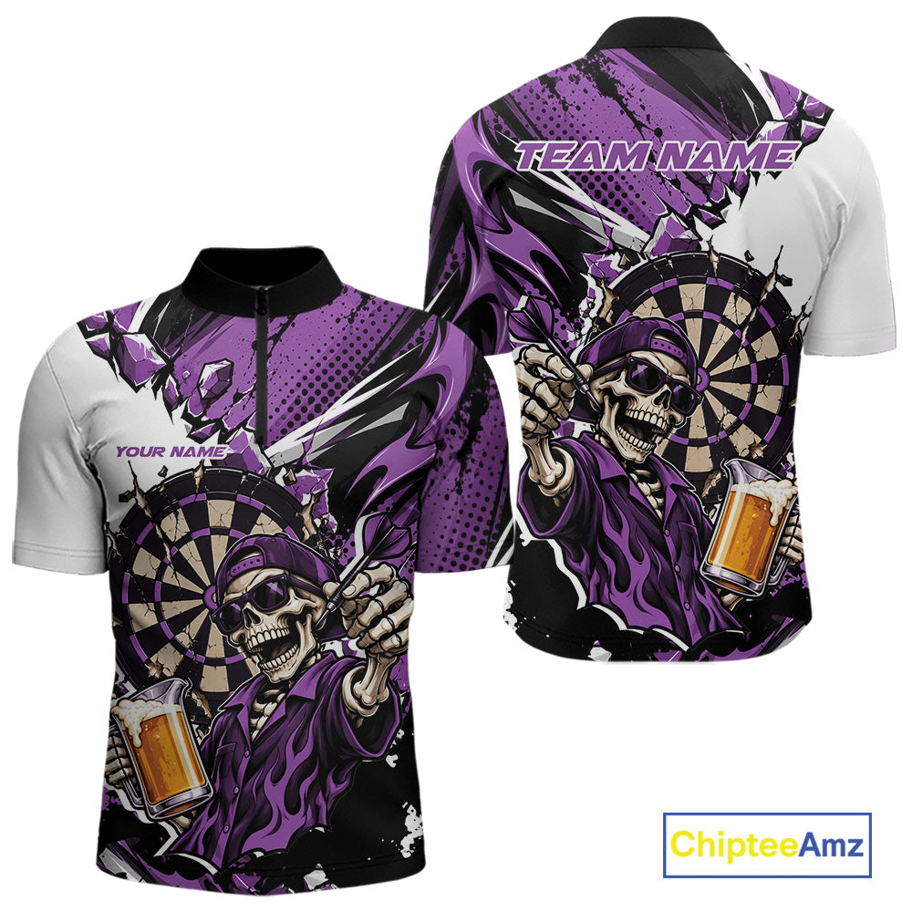 Purple Energy Custom Funny Skeleton Drink Beer Dart Men Quarter Zip Shirt, Dart Team Jersey IPHW12666