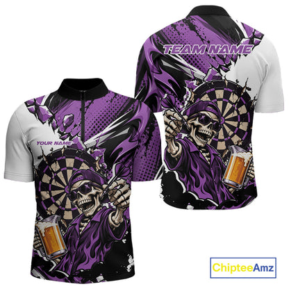 Purple Energy Custom Funny Skeleton Drink Beer Dart Men Quarter Zip Shirt, Dart Team Jersey IPHW12666