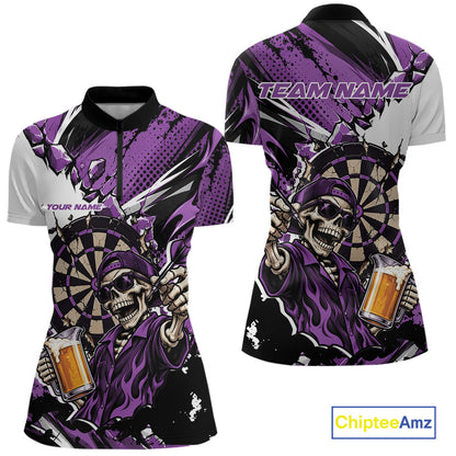 Purple Energy Custom Funny Skeleton Drink Beer Dart Women Quarter-Zip Shirt, Dart Jersey IPHW12666