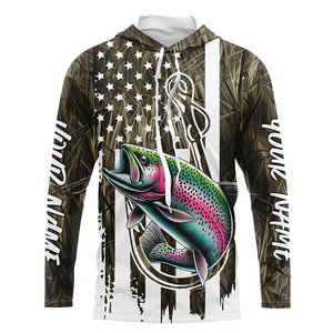 Lake Grass Camo US Flag Custom Rainbow Trout Patriotic Long Sleeve Hooded Fishing Shirts With Name IPHW8167