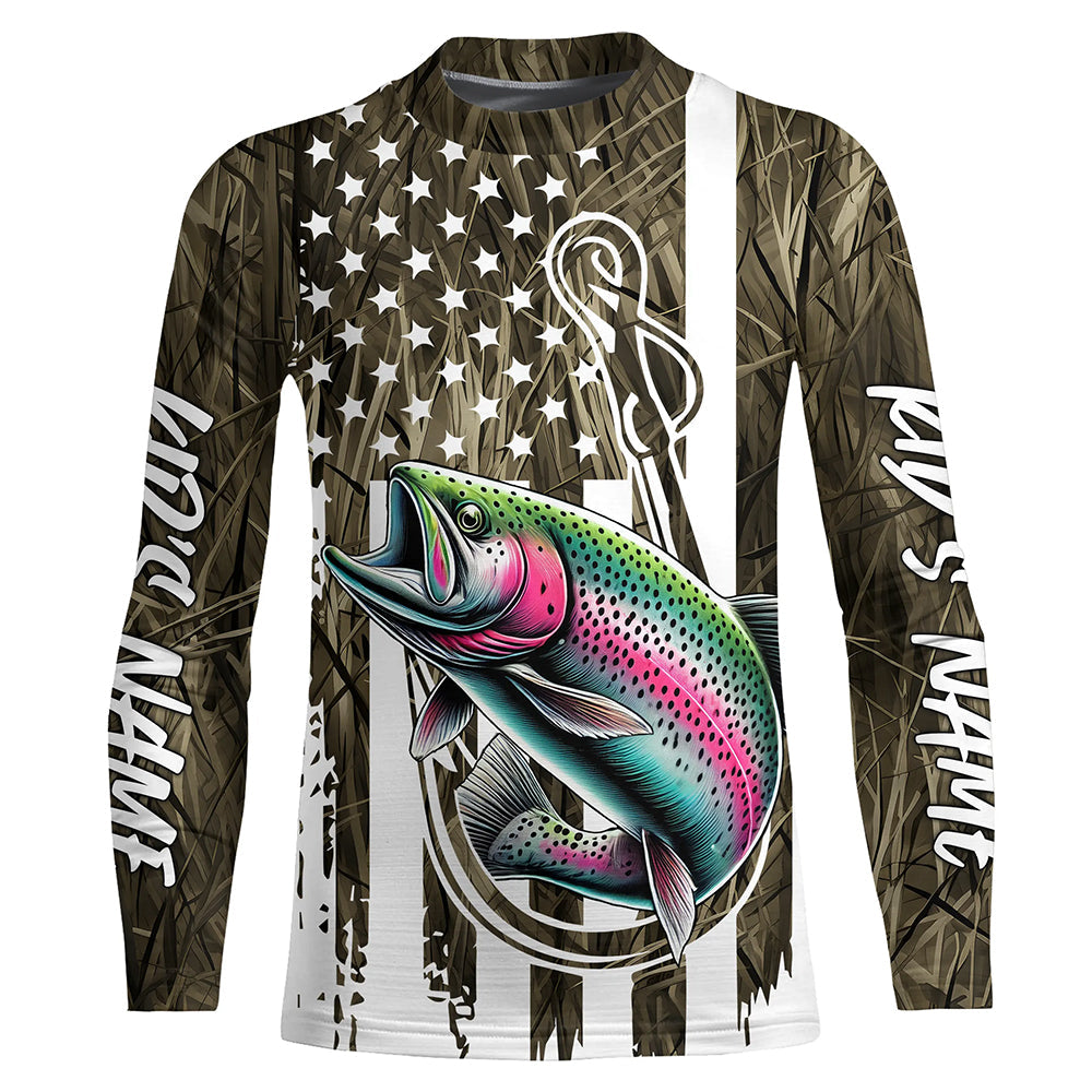 Lake Grass Camo US Flag Custom Rainbow Trout Patriotic Kid Long Sleeve Fishing Shirts With Name IPHW8167