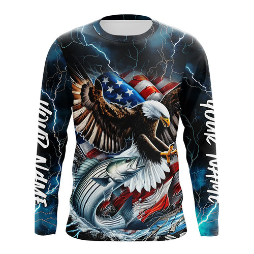 Blue Thunder Lightning US Flag Eagle Custom Patriotic Striped Bass Long Seeve Fishing Shirts IPHW8172