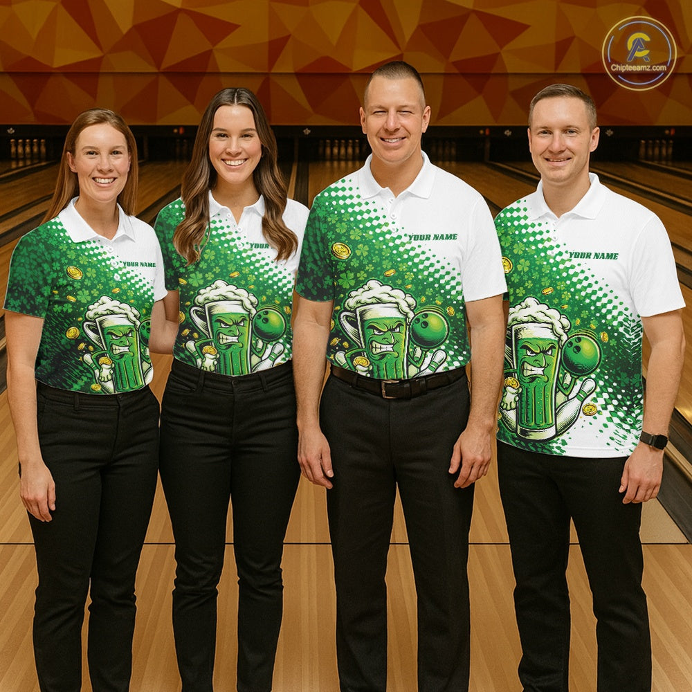 Custom Funny St Patricks Day Beer Bowling Team Shirts, Green Shamrock And Gold Coin Bowling Jerseys IPHW10521