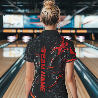 Custom Black And Red Flame Strike Bowling Team Polo Shirt For Women, Strike Bowling Jerseys IPHW8610