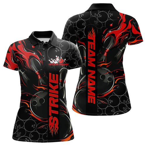 Custom Black And Red Flame Strike Bowling Team Polo Shirt For Women, Strike Bowling Jerseys IPHW8610