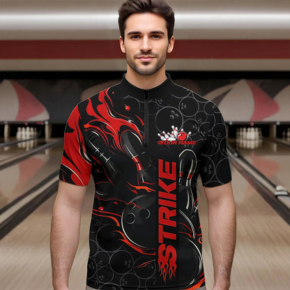 Custom Black And Red Flame Strike Bowling Team Quarter-Zip Shirts For Men, Strike Bowling Jerseys IPHW8610