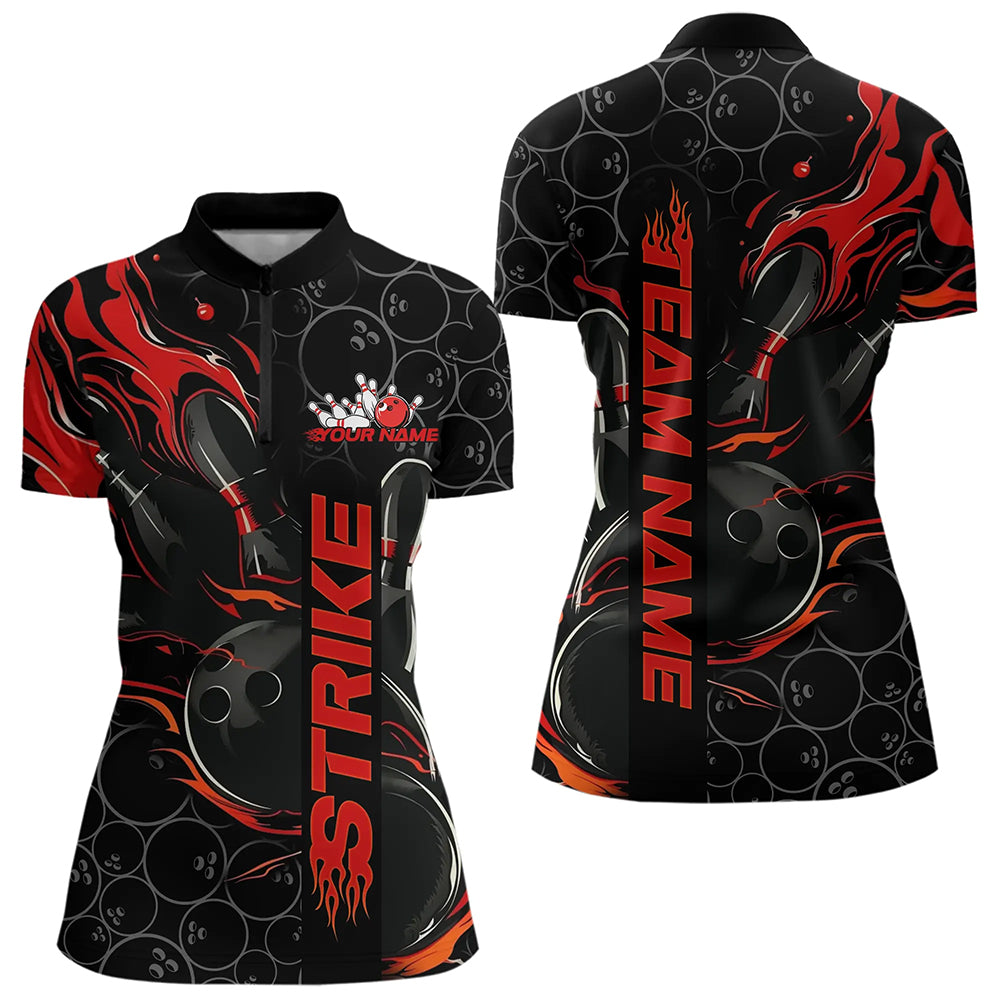 Custom Black And Red Flame Strike Bowling Team Womens Quarter-Zip Shirt, Bowling Jerseys IPHW8610