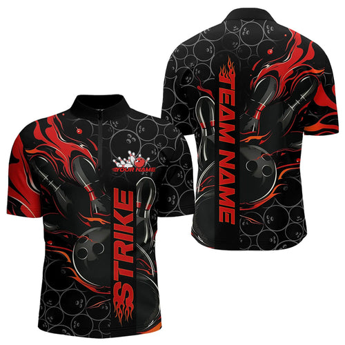 Custom Black And Red Flame Strike Bowling Team Quarter-Zip Shirts For Men, Strike Bowling Jerseys IPHW8610