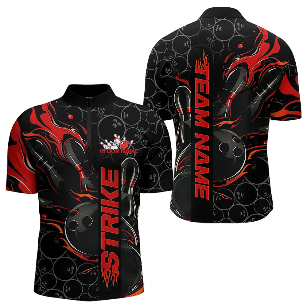 Custom Black And Red Flame Strike Bowling Team Quarter-Zip Shirts For Men, Strike Bowling Jerseys IPHW8610