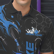 Load image into Gallery viewer, Custom Black And Blue Flame Strike Bowling Team Polo Shirts For Men, Strike Bowling Jerseys IPHW8611