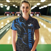 Load image into Gallery viewer, Custom Black And Blue Flame Strike Bowling Team Womens Polo Shirts, Strike Bowling Jerseys IPHW8611