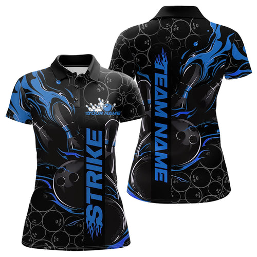 Custom Black And Blue Flame Strike Bowling Team Womens Polo Shirts, Strike Bowling Jerseys IPHW8611