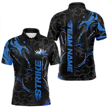 Load image into Gallery viewer, Custom Black And Blue Flame Strike Bowling Team Polo Shirts For Men, Strike Bowling Jerseys IPHW8611