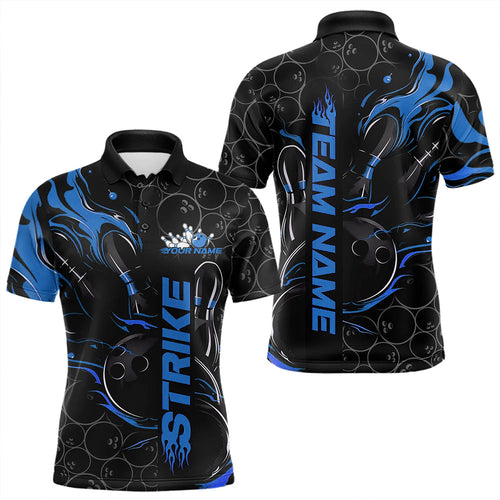 Custom Black And Blue Flame Strike Bowling Team Polo Shirts For Men, Strike Bowling Jerseys IPHW8611
