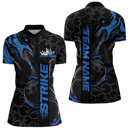 Custom Black And Blue Flame Strike Bowling Team Womens Quarter-Zip Shirt, Bowling Jerseys IPHW8611