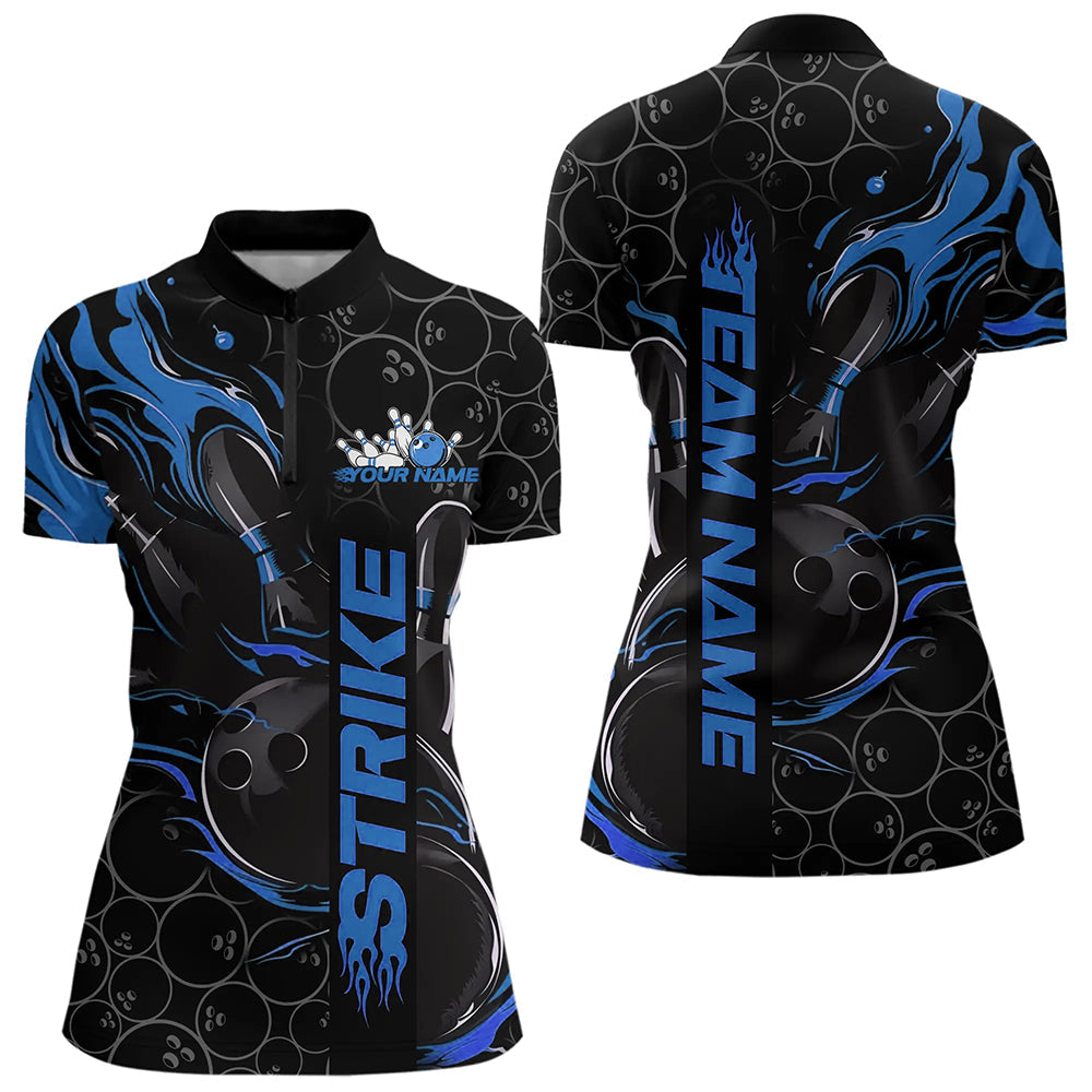 Custom Black And Blue Flame Strike Bowling Team Womens Quarter-Zip Shirt, Bowling Jerseys IPHW8611