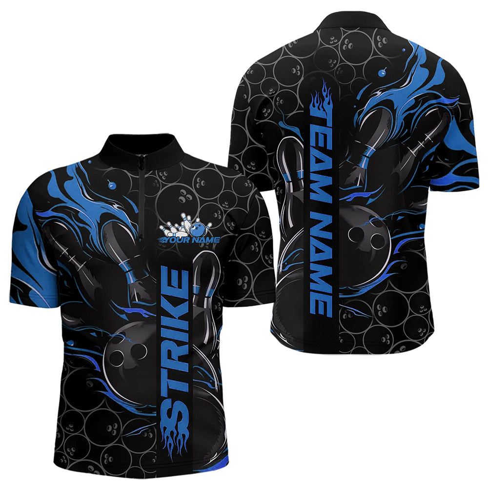 Custom Black And Blue Flame Strike Bowling Team Quarter-Zip Shirts For Men, Strike Bowling Jerseys IPHW8611