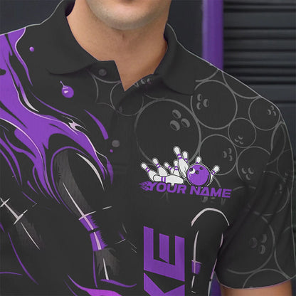 Custom Black And Purple Flame Strike Bowling Team Polo Shirts For Men, Strike Bowling Jerseys IPHW8612