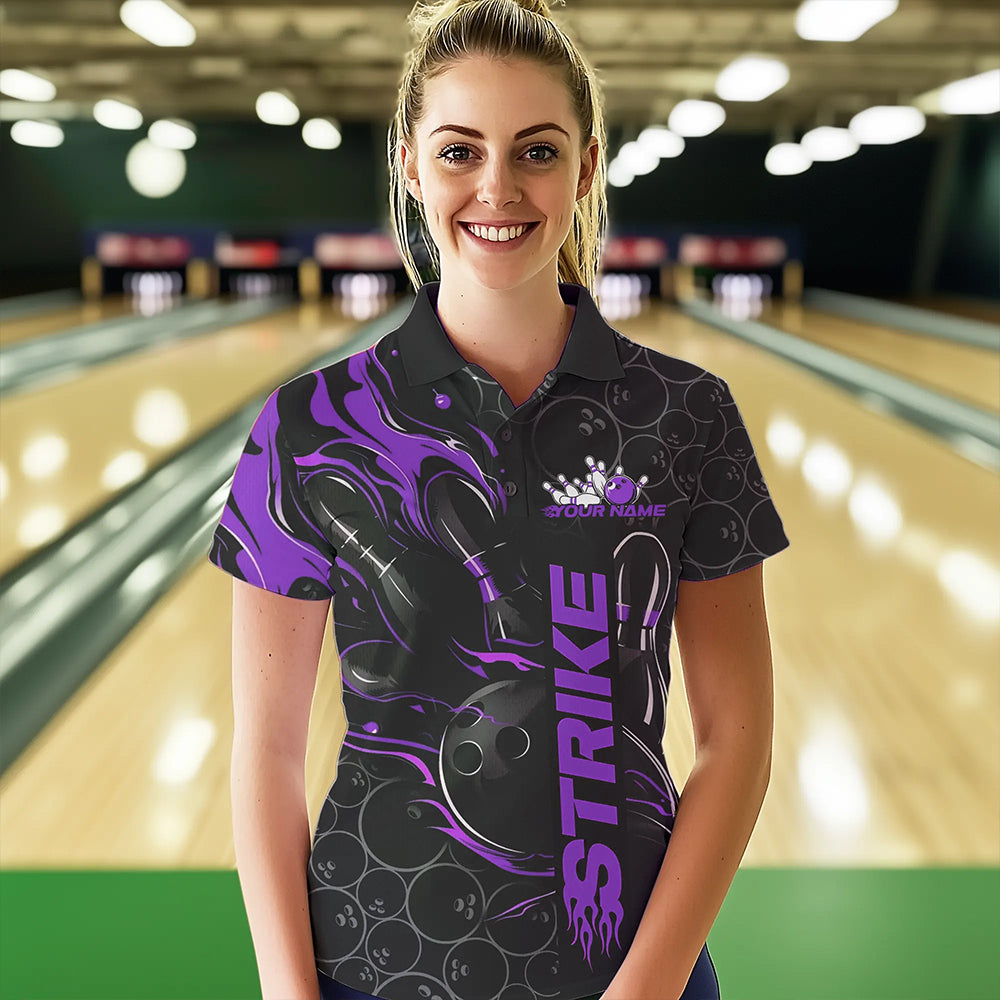 Custom Black And Purple Flame Strike Bowling Team Womens Polo Shirt, Strike Bowling Jerseys IPHW8612