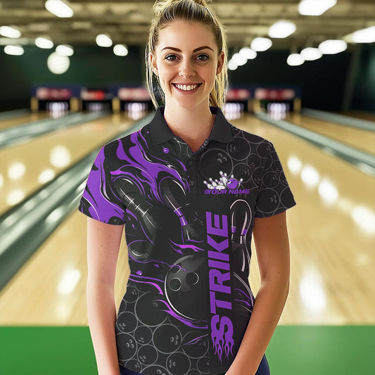 Custom Black And Purple Flame Strike Bowling Team Womens Polo Shirt, Strike Bowling Jerseys IPHW8612