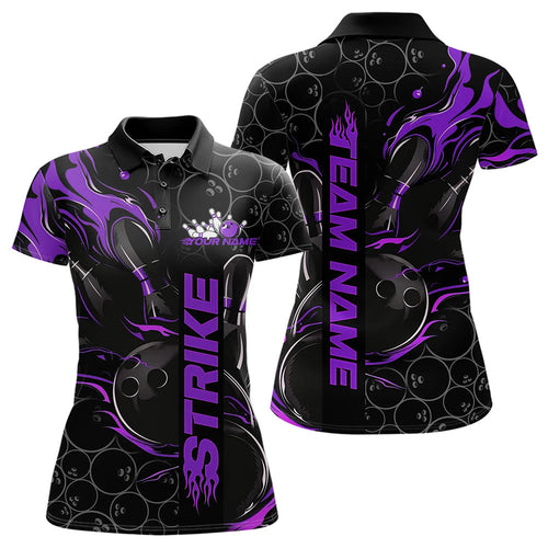 Custom Black And Purple Flame Strike Bowling Team Womens Polo Shirt, Strike Bowling Jerseys IPHW8612