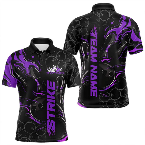 Custom Black And Purple Flame Strike Bowling Team Polo Shirts For Men, Strike Bowling Jerseys IPHW8612