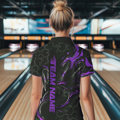 Custom Black And Purple Flame Strike Bowling Team Womens Quarter-Zip Shirt, Bowling Jerseys IPHW8612