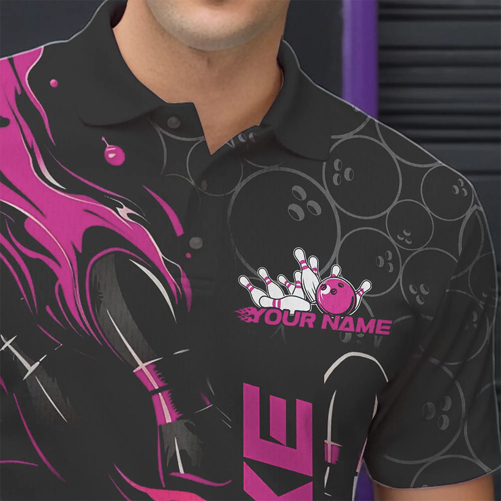 Custom Black And Pink Flame Strike Bowling Team Polo Shirts For Men, Strike Bowling Jerseys IPHW8613
