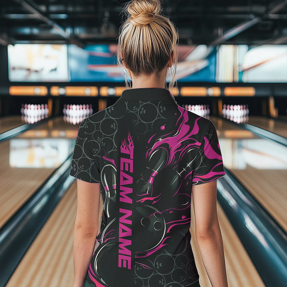 Custom Black And Pink Flame Strike Bowling Team Womens Polo Shirt, Strike Bowling Jerseys IPHW8613
