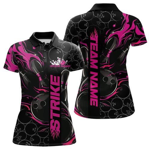 Custom Black And Pink Flame Strike Bowling Team Womens Polo Shirt, Strike Bowling Jerseys IPHW8613