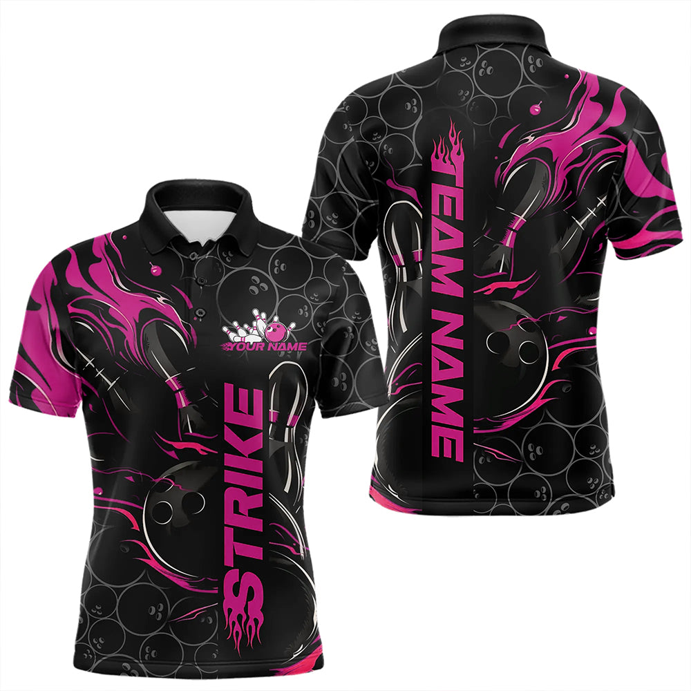 Custom Black And Pink Flame Strike Bowling Team Polo Shirts For Men, Strike Bowling Jerseys IPHW8613